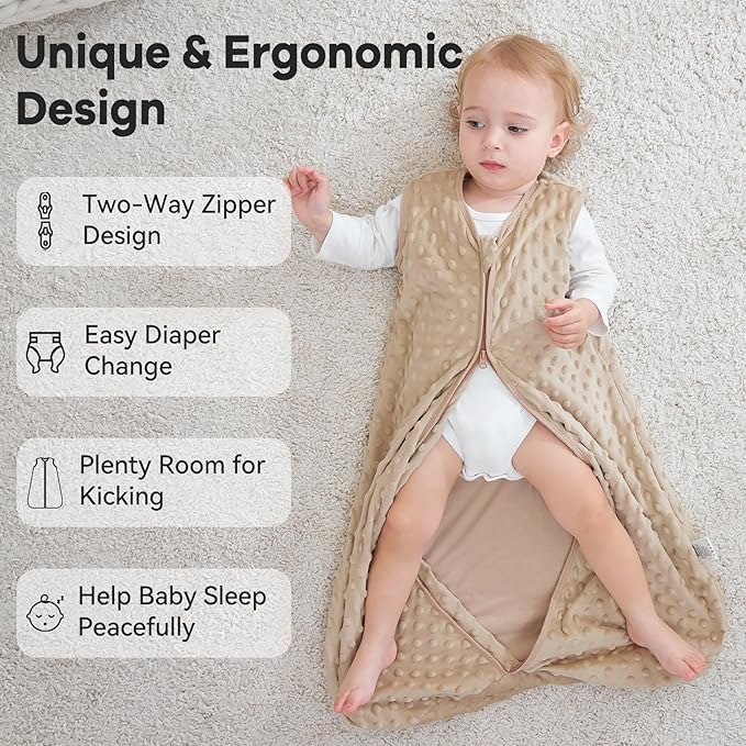 Fleece Baby Sleep Sack 18-24 Months with Plush Dots 1.5 Tog Baby Wearable Blanket with 2-Way Zipper Warm Sleeping Sack for Toddler Infant - XLarge, Coffee