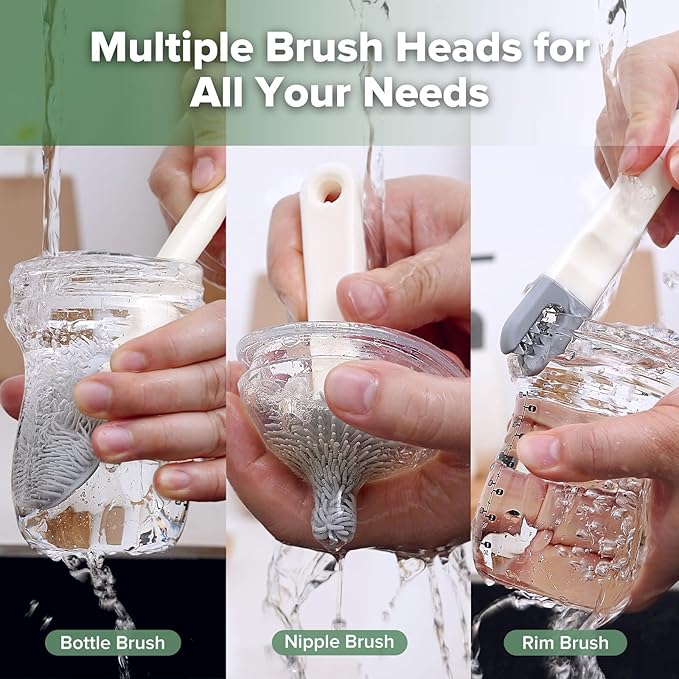 haakaa Travel Bottle Brush Set – 7-in-1 Baby Bottle Cleaner Kit with Bottle Brush, 360° Brush, Straw Brush, U-Shaped Brush, Spray Bottle&Drying Rack for Home and Travel