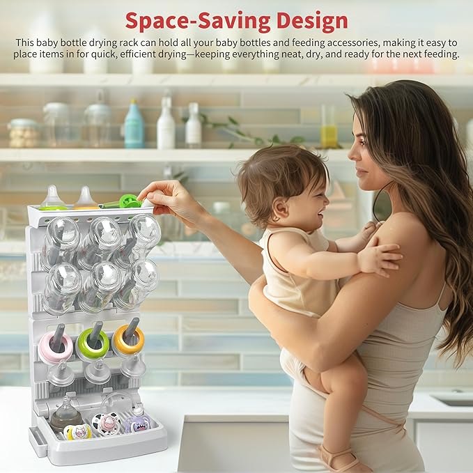 Baby Bottle Drying Rack for 12 Bottles, Space Saving Countertop Vertical Standing Bottle Dryer Rack for Baby Accessories & Pump Parts (Large White&Grey)