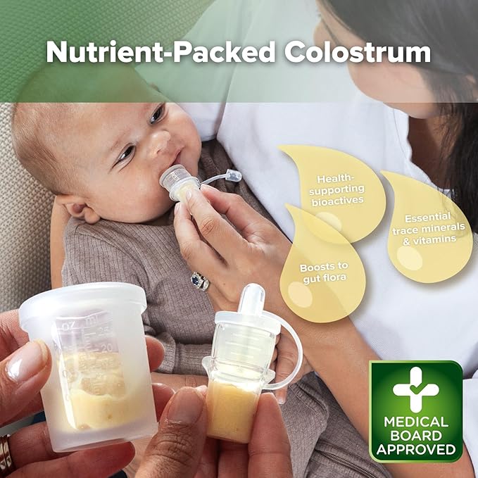 haakaa Colostrum Collectors 2ml/6pcs & Lidded Feeding Cup 25ml/1pc Set - Collect, Store & Feed Colostrum in One, Ready-to-Use Individually Wrapped, Reusable Colostrum Syringes for Liquid Gold