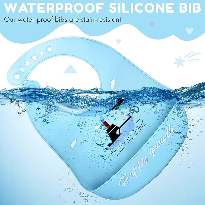 Silicone Baby Bibs Unisex, Self-Feeding, Catch-all Large Pocket, 6-48 months, BPA-Phthalate Free, w/Travel Case