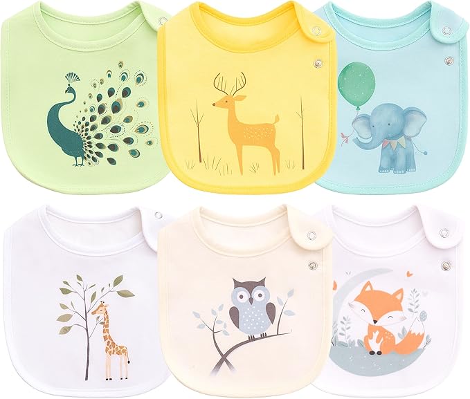 Maiwa 6 Pack Waterproof Cotton Baby Bibs for Girls Boys for Drooling Eating with Snaps