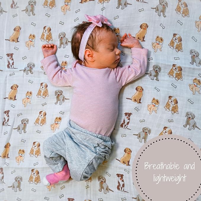 LollyBanks Baby Blanket, 100% Cotton Muslin Swaddle Blankets for Boys and Girls, Large 47 x 47 Inches Infant Receiving Blankets, Soft and Breathable Newborn Blanket, Registry (Puppies Print)