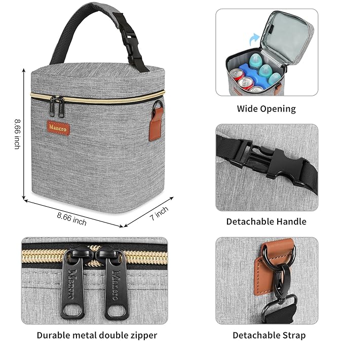 Mancro Baby Bottle Bag with Insulated Cooler, Fits 6 Baby Bottles Up to 9 Ounce with Ice Pack, Breastmilk Cooler Bag with Adjustable Shoulder Strap for Easy Carrying, Grey