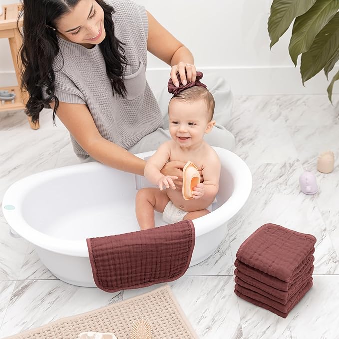 Comfy Cubs Muslin Baby Washcloths 10 Pack - Soft 6-Layer Cotton Wash Cloths for Sensitive Skin - 10"x10" Large, Gentle, Absorbent Infant Essentials for Newborn and Toddlers - Wine