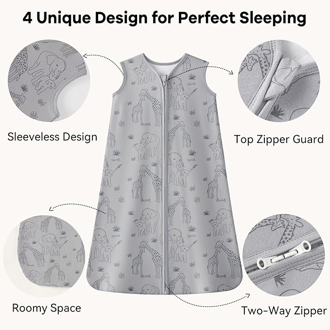 Baby Sleep Sack 18-24 Months 1.0 Tog Baby Wearable Blanket 100% Cotton Sleeping Sack with 2-Way Zipper for Toddler Infant Apricot & Gray Elephant