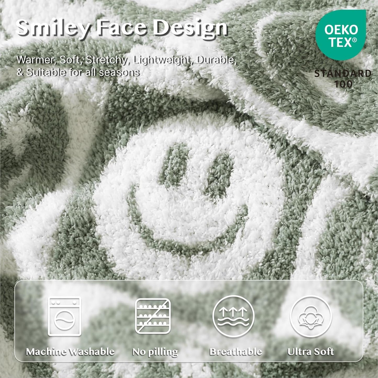 WRENSONGE Checkered Throw Blanket Seagrass Smiling Face Soft Cozy Fluffy Warm Hand Made Throw Blankets for Couch, Sofa, Chair, Bed, Camping, Picnic, Travel Lightweight Bed Blanket - 50"*60"