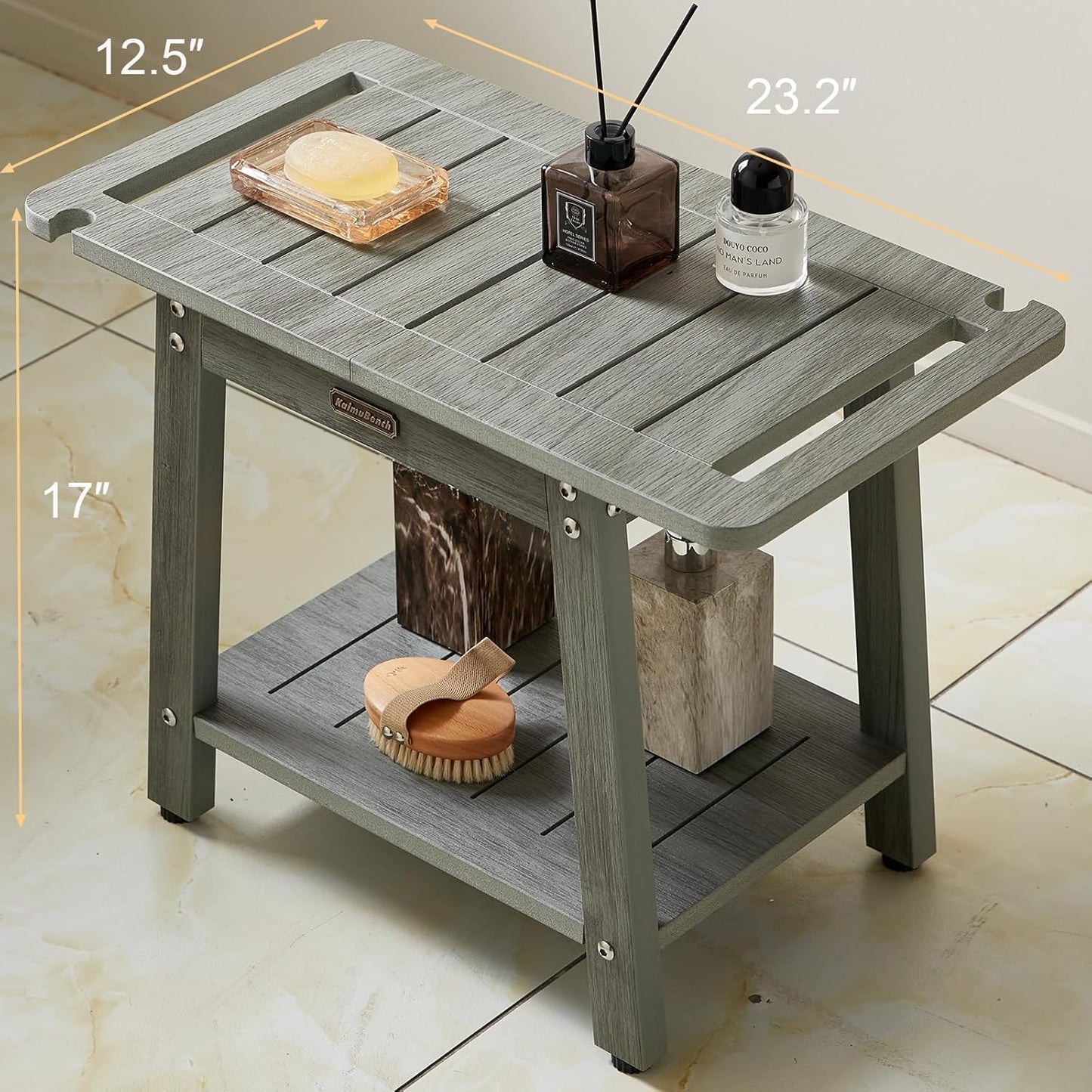 HDPS Shower Bench Seat with Shelf, Waterproof Shower Stool, Bathroom Chair for Spa with Handle, Weather Resistant/Non-Slip/Handles/Indoor or Outdoor Use, Weight Capacity 500LBS