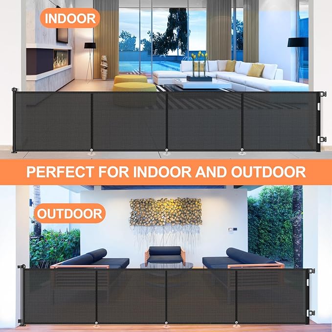 Upgrade 180 inch Retractable Baby Gates, EZIGO Extra Wide Baby Gate for Large Opening Extra Long Mesh Gate for Kids or Pet Dog Gate Child Safety Gate for Stairs Hallways Doorway Indoor Outdoor, Black