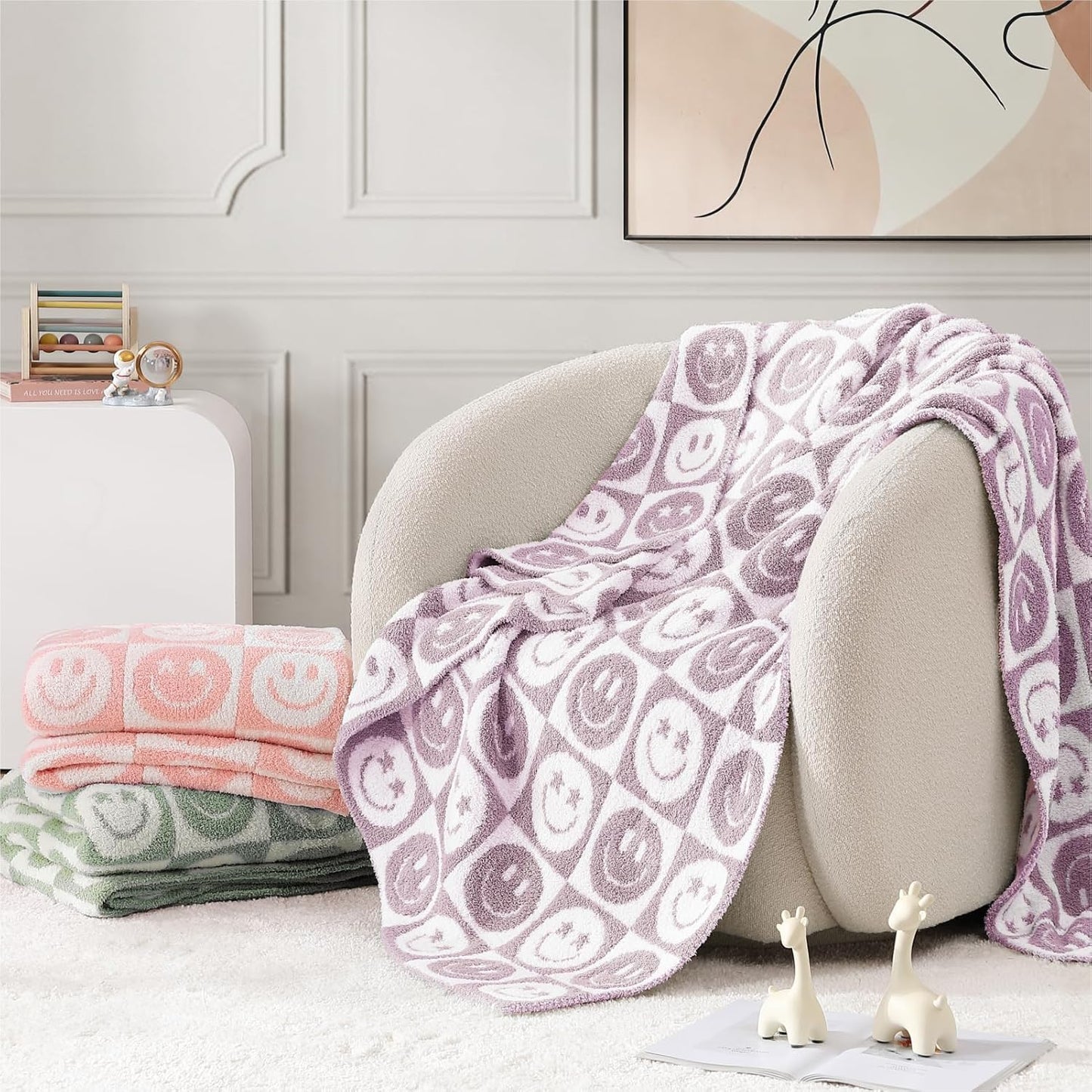 WRENSONGE Checkered Throw Blanket Lilac Smiling Face Soft Cozy Fluffy Warm Hand Made Weave Throw Blankets for Couch, Sofa, Chair, Bed, Camping, Picnic, Travel Lightweight Bed Blanket - 60"*80"