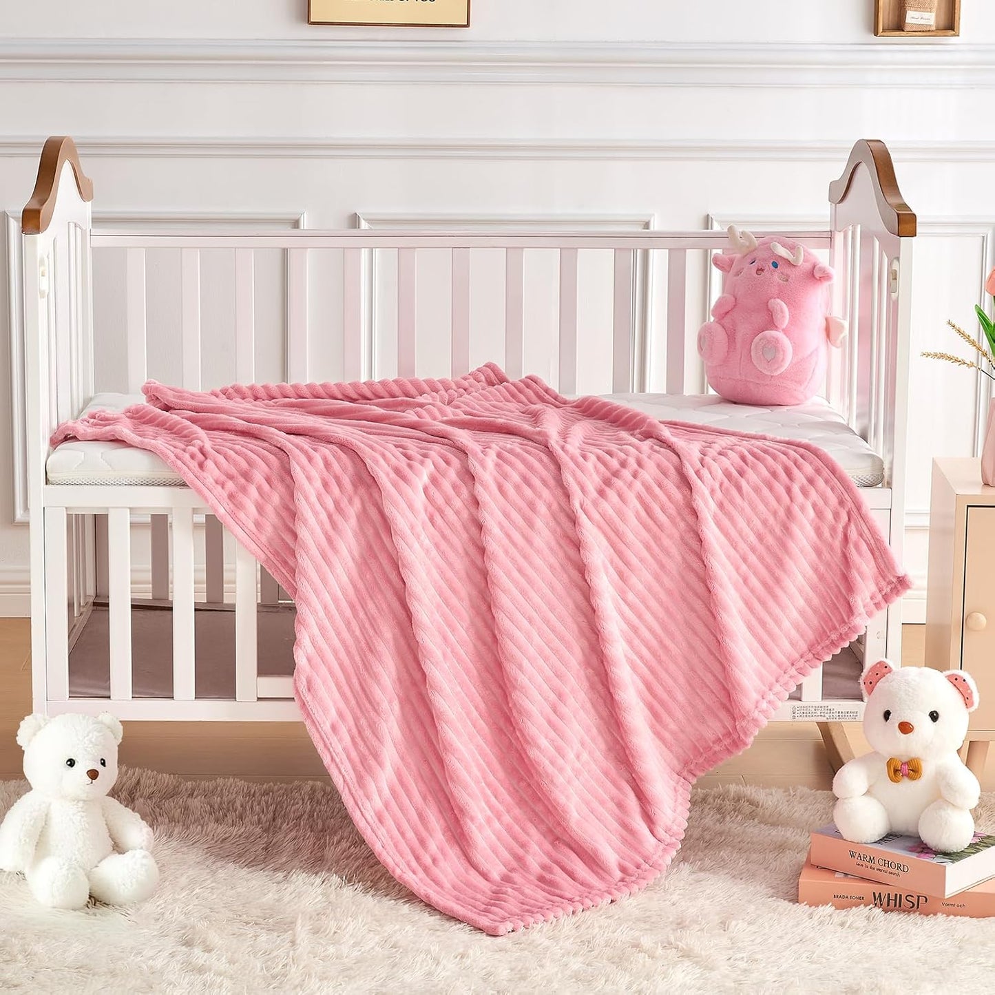 Soft Fleece Baby Blanket Ultra Cozy Pink Baby Blankets for Girls Warm and Lightweight Infant Toddler Newborn Receiving Gift with Reversible Stripes for Crib Stroller, 30x40 Inch, Dark Pink
