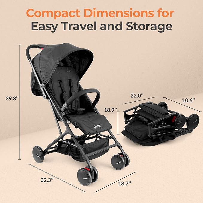 Jovial Lightweight Baby Stroller, Folding Travel Stroller with Reclining Seat, Canopy, 5-Point Safety Harness, Storage Basket, Smooth Wheels, Compact Portable Design (39.8" x 18.7" x 32.3")
