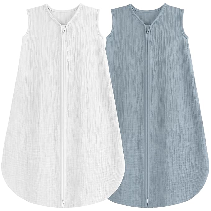 2 Pack Baby Sleep Sack 12-18 Months 100% Organic Cotton Muslin Baby Sleeping Bag 2-Way Zipper Toddler Wearable Blankets Comfy Stretchy Thin Sleep Sacks