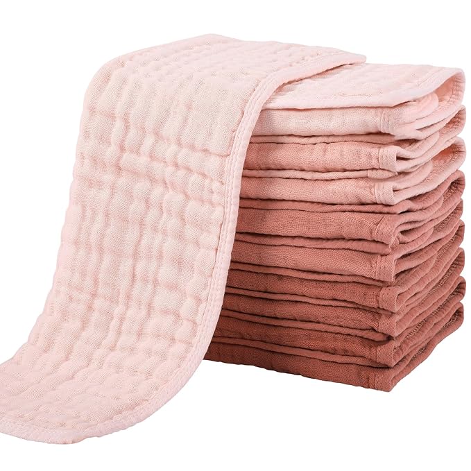 Yoofoss Muslin Burp Cloths for Baby 10 Pack 100% Cotton Baby Washcloths for Boys Girls Large 20''X10'' Super Soft and Absorbent Gradient Pink