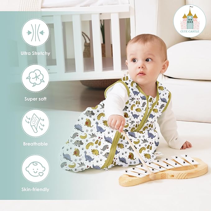 Cute Castle Baby Sleep Sack 6-12 Months - Lightweight 100% Cotton 2-Way Zipper TOG 0.5 Infant Wearable Blanket, Newborn Essentials Toddler Sleep Clothes, 3 Pack(Honey, Dinosaurs, Letters)
