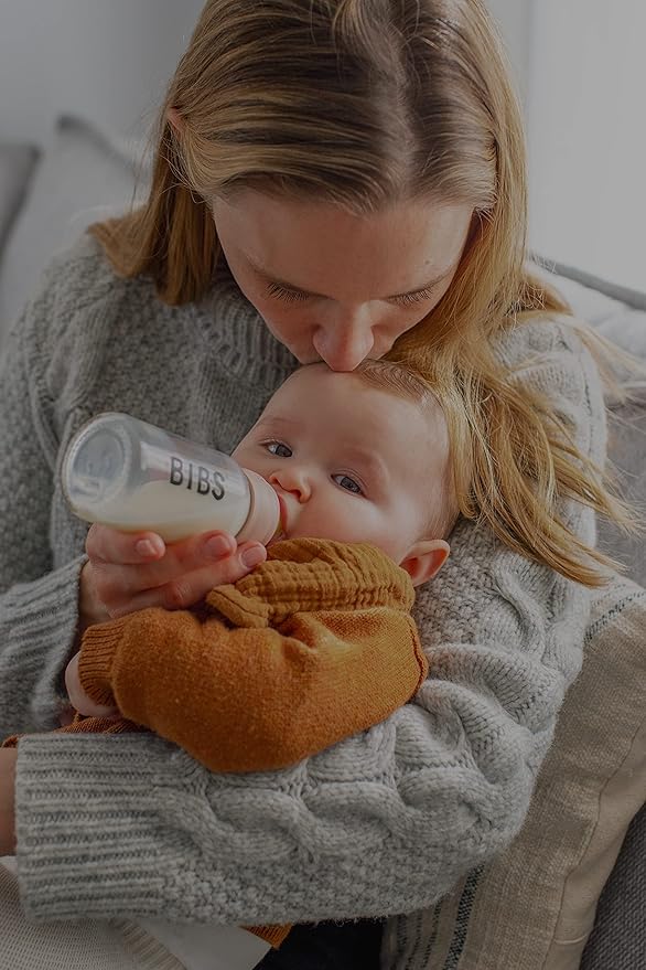 BIBS Baby Glass Bottle. Anti-Colic. Round Natural Rubber Latex Nipple. Supports Natural Breastfeeding, Complete Set - 110 ml, Cloud