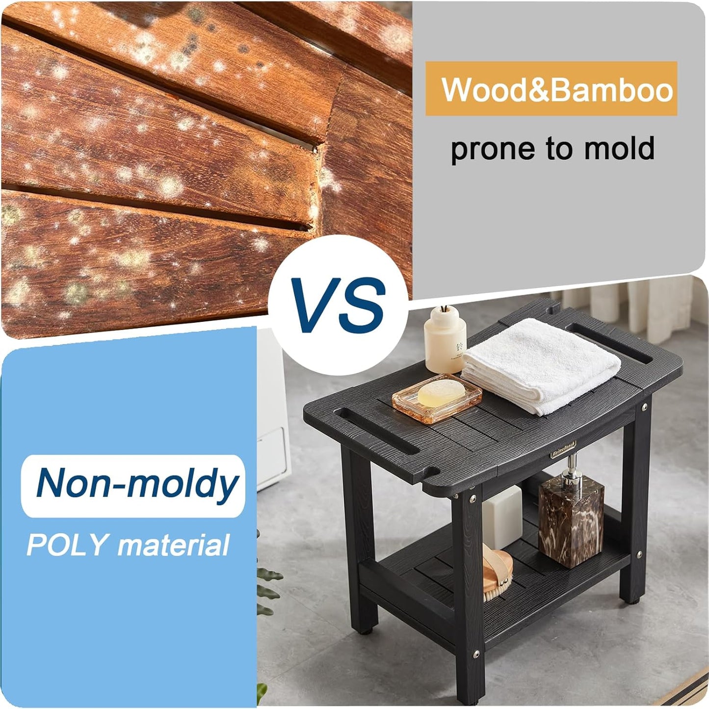 Shower Bench Seat for Shaving Legs, Waterproof Shower Stool for Inside Shower with Handles & Shower Head Holder, Bathroom Shower Chair, Black Shower Foot Rest with Adjustable Feet, Non-Slip