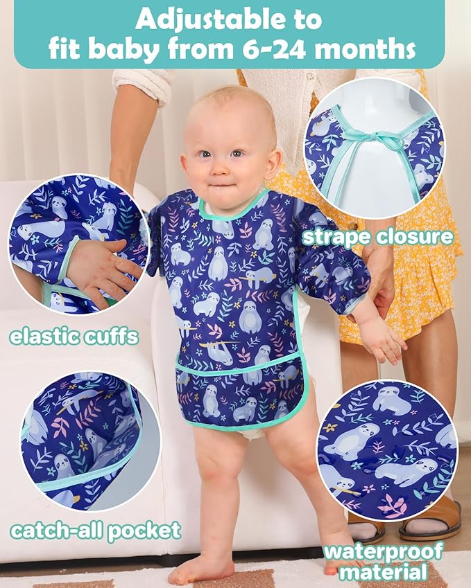 Lictin 3 Packs Baby Bibs for Boy or Girl, Cute Long Sleeve Bib, Waterproof Bibs for Toddlers,Adjustable Closure Baby Smock, Mess Proof Baby Bib, 6-24 Months Reusable Infant Baby Bibs