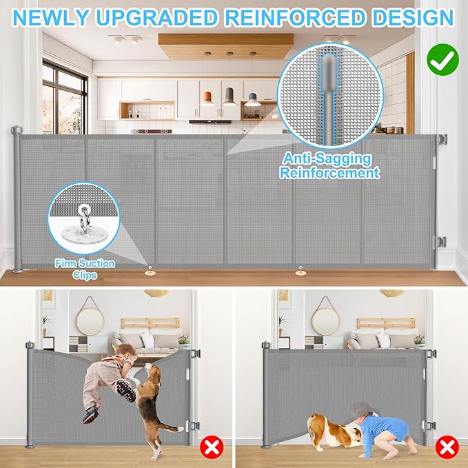 120 Inch Retractable Baby Gates Extra Wide, 41 Inch Reinforced Extra Tall Gate for Large Openings, Mesh Safety Gate for Kids Pets, Retractable Dog Gate for Stair Hallways Doorway Indoor Outdoor, Gray
