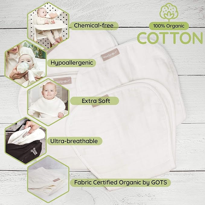WeeSprout Unisex Organic Towel Cotton Burp Cloths, Set of 4, Four Ultra-Absorbent Layers Keep Clothes Dry, Button Transforms into Baby Bib, Machine Washable & Dryer Safe (White Set, Full)