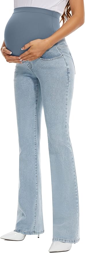 GLAMIX Women's Stretch Maternity Bootcut Jeans with Pockets Over The Belly Bell Bottoms Flare Denim Pants Pregnancy Clothes