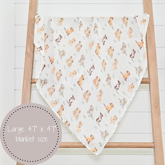 LollyBanks Baby Blanket, 100% Cotton Muslin Swaddle Blankets for Boys and Girls, Large 47 x 47 Inches Infant Receiving Blankets, Soft and Breathable Newborn Blanket, Registry (Puppies Print)