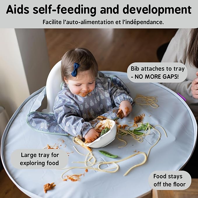 Tidy Tot- Baby Bib & Tray Kit - Mess Proof Long Sleeve Smock Attaches to Feeding Mat, Waterproof Bib - Fits Babies 6-24 Month