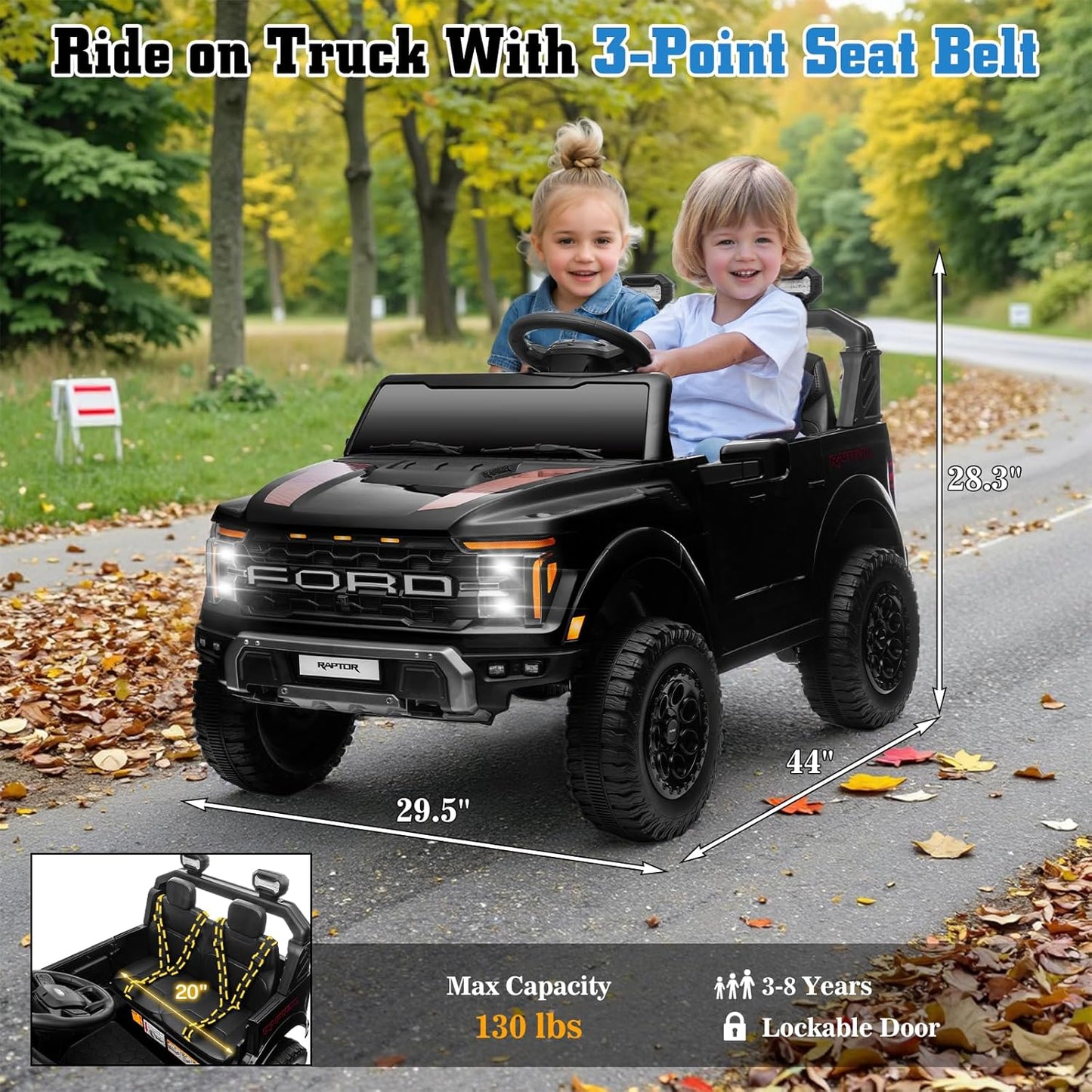 24V Ride on Car Licensed Ford F-150 Raptor, Kids Electric Car with Remote Control, LED Light/Music/MP3, Truck Bed Storage, 3-Point Seat Belt (24V, Black)