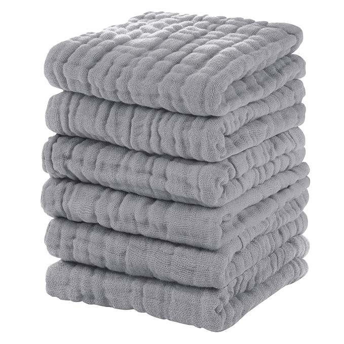 Muslin Baby Washcloths 6 Pack, 100% Cotton Wash Cloths for Babies, Large 12''X12'' Burp Cloths Absorbent and Soft for Newborn Infants Kids Boys Girls - Light Gray