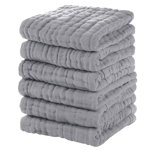 Muslin Baby Washcloths 6 Pack, 100% Cotton Wash Cloths for Babies, Large 12''X12'' Burp Cloths Absorbent and Soft for Newborn Infants Kids Boys Girls - Light Gray