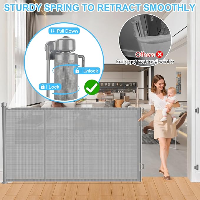 196 Inch Retractable Baby Gates Extra Wide, 41 Inch Reinforced Extra Tall Gate for Large Openings, Mesh Safety Gate for Kids Pets, Retractable Dog Gate for Pool Garages Doorway Indoor Outdoor, Gray