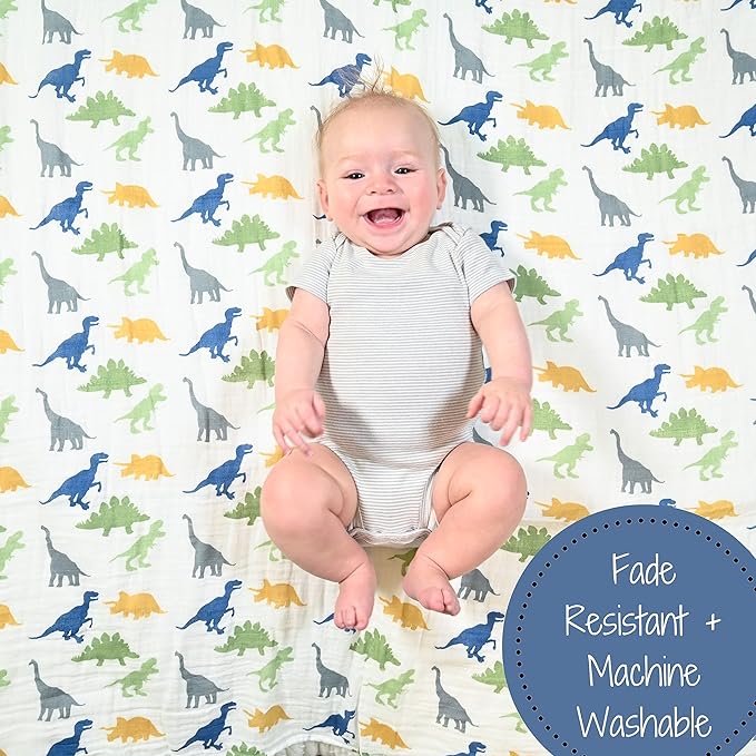 LollyBanks Muslin Swaddle Blankets, 100% Cotton Newborn Blanket for Boys and Girls, Large 47 x 47 Inches Lightweight and Breathable Baby Swaddle Blanket, Baby Essentials, Registry (Dinosaur Theme)