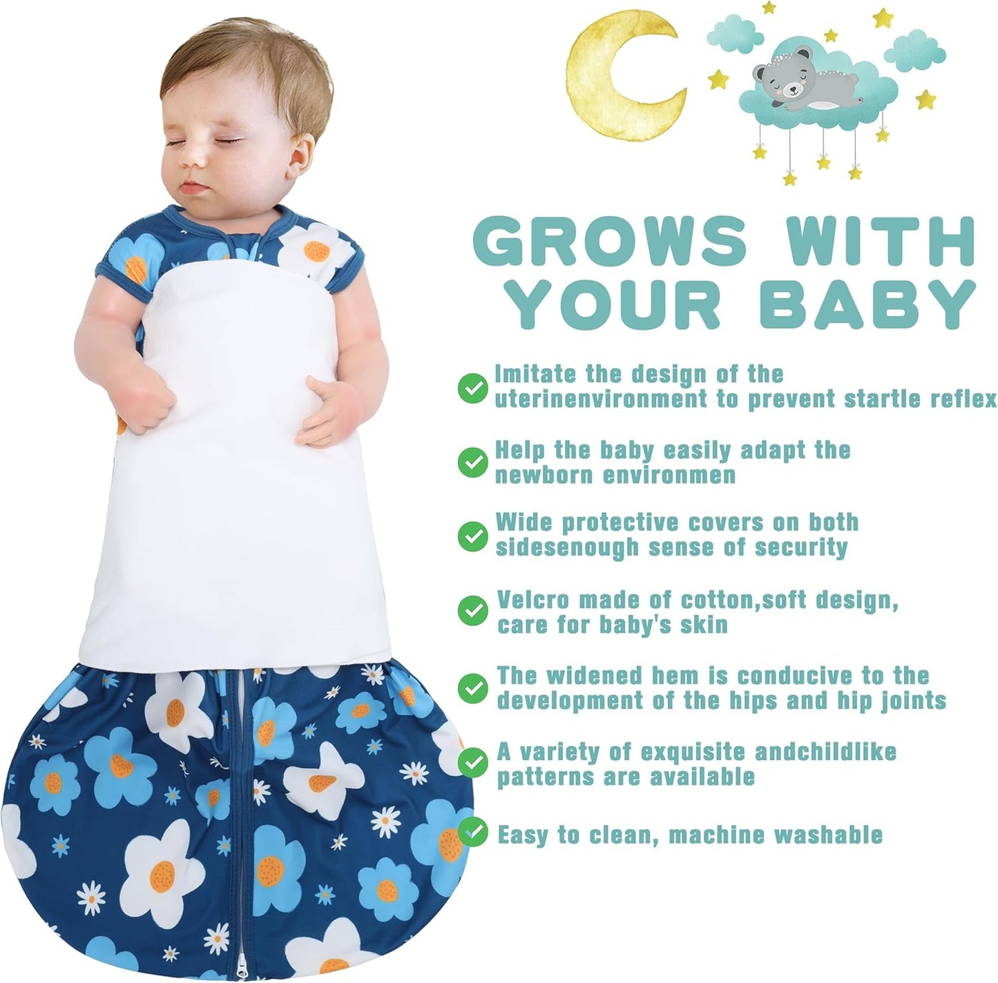 Newborn Sleep Sack Baby Swaddle,3-Way Adjustable Wearable Blanket,100% Rayon Cotton Swaddling Sleeping Bag，TOG 0.5 (Gerbera & Tulips, 6-12 Months)