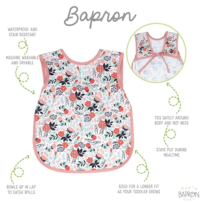 BapronBaby Vintage Rose Bapron - No Neck Tie Safer Bib for Baby & Toddler - Soft Waterproof Stain Resistant - Machine Washable - Sz Baby/Toddler 6m-3T