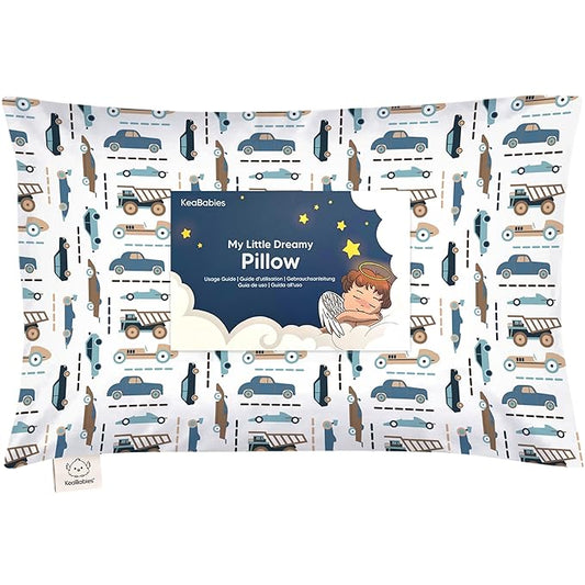 Toddler Pillow with Pillowcase - 13x18 My Little Dreamy Kids Travel Bed Pillows for Sleeping, Organic Cotton Small Pillowcase, Soft & Breathable, Machine Washable, Toddlers 2-5 Years Old (Vroom)