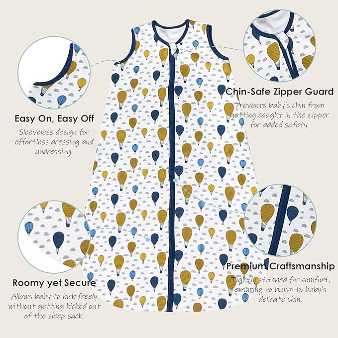 Cute Castle Baby Sleep Sack 6-12 Months - Lightweight 100% Cotton 2-Way Zipper TOG 0.5 Infant Wearable Blanket, Newborn Essentials Toddler Sleep Clothes, 3 Pack(Blue, Balloons, Animals)