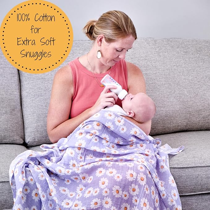 LollyBanks Baby Blanket, 100% Cotton Muslin Swaddle Blanket, Soft Baby Girl Blanket 47 x 47 Inches, Nursery Swaddling Blankets for Girls, Baby Essentials, Registry (Daisy Print)