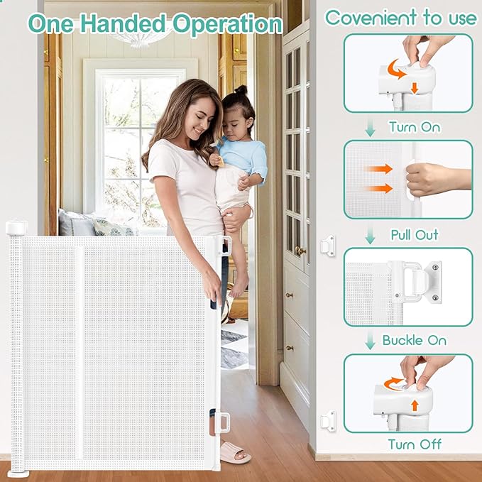 Upgrade 120 inch Retractable Baby Gates, EZIGO Extra Wide Baby Gate for Large Opening Extra Long Mesh Gate for Kids or Pet Dog Gate Child Safety Gate for Stairs Hallways Doorway Indoor Outdoor, White