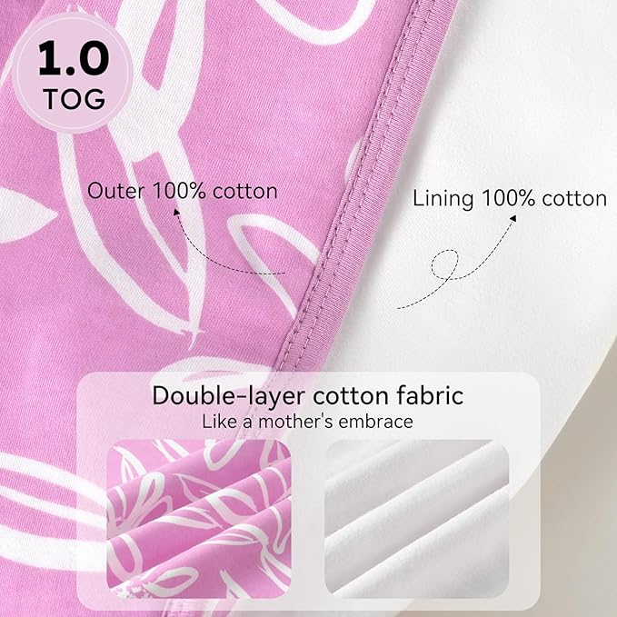 Baby Sleep Sack 12-18 Months 1.0 Tog Baby Wearable Blanket 100% Cotton Sleeping Sack with 2-Way Zipper for Toddler Infant Purple Leaf