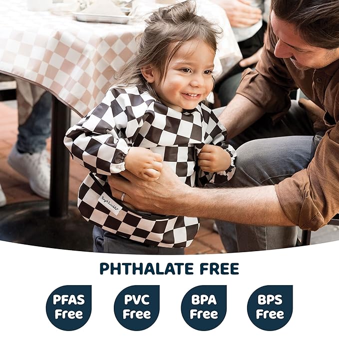 Tiny Twinkle Long Sleeve Bib for Babies & Toddlers – 2 Pack Waterproof Smock Bibs for Eating – Machine Washable & Mess-Proof, Baby Feeding Essential & Shower Must-Have (Black,Sage Checkers, 6-24M)