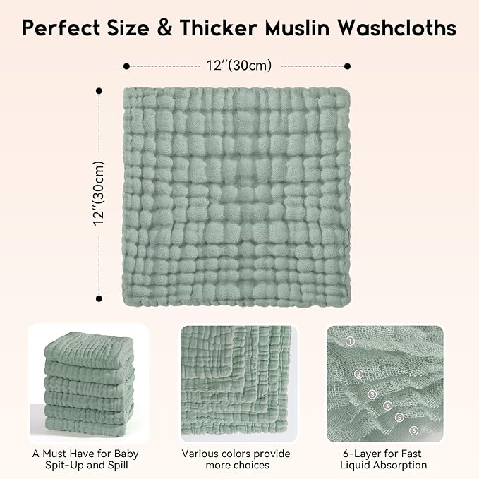 Muslin Baby Washcloths 6 Pack, 100% Cotton Wash Cloths for Babies, Large 12''X12'' Burp Cloths Absorbent and Soft for Newborn Infants Kids Boys Girls - Apricot Green Sapphire Blue