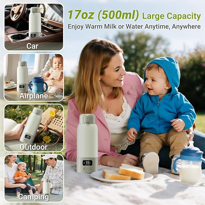 Portable Milk Warmer, 17oz Large Capacity Bottle Warmer for Baby, Fast Heating for Breast Milk & Formula & Water, Long Battery Life Portable Bottle Warmer for Travel with Pasteurization
