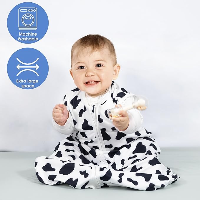 Baby Sleep Sack 6-12 Months Baby Wearable Blanket 100% Rayon Cotton 2-Way Zipper Toddler Sleeping Sack，Comfy Soft Lightweight TOG 0.3（Cow Print）