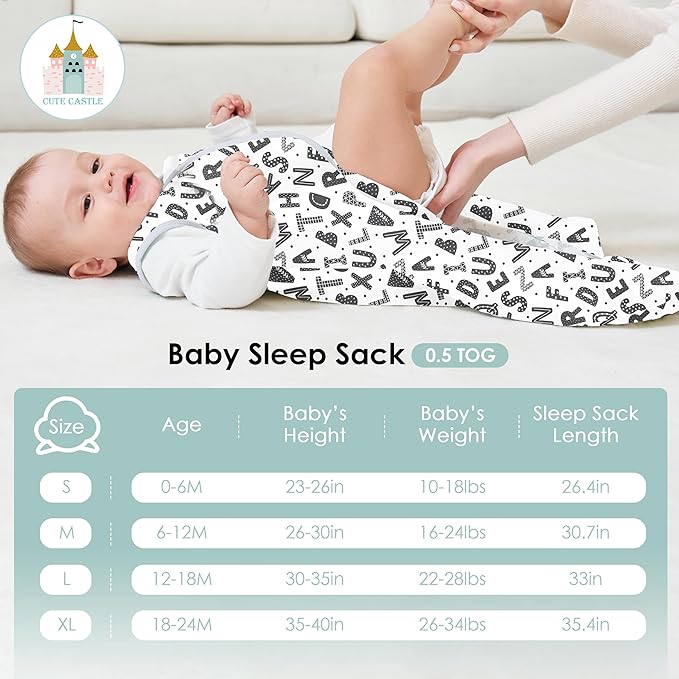 Cute Castle Baby Sleep Sack 0-6 Months - Lightweight 100% Cotton 2-Way Zipper TOG 0.5 Infant Wearable Blanket, Newborn Essentials Toddler Sleep Clothes, 3 Pack(Gray, Letters, Stars)