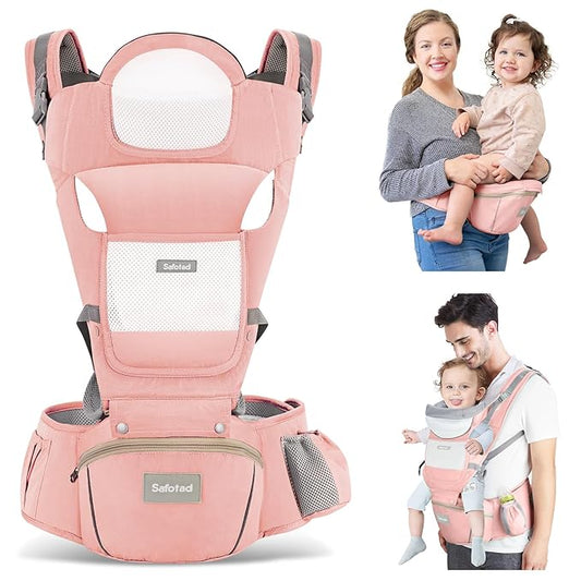 Baby Carrier with Hip Seat, Ergonomic M Position 6in1 Baby Carrier Newborn to Toddler,Head Support and Breathable Mesh Newborn Carrier,Adjustable Baby Holder Carrier for Dad&Mom-Pink