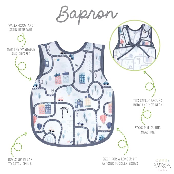 BapronBaby Tiny Town Bapron - No Neck Tie Safer Bib for Baby & Toddler - Soft Waterproof Stain Resistant - Machine Washable - Sz Preschool 3-5yrs