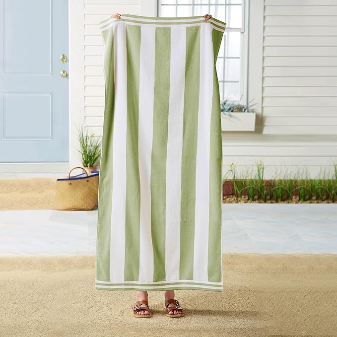 Great Bay Home 100% Cotton Velour 4 Pack Beach Towels 30" x 60" - Green/White Cabana Stripe Pool Towels - Quick Dry, Large Swim Towels