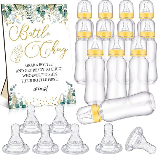 TrelaCo Greenery Cool Baby Shower Games Bottle Chug Sign Wooden Neutral Greenery Floral Gift Sets Gender Reveal Party Favors and 12 Pcs Baby Bottle Shower Favor for Games Gender Reveal