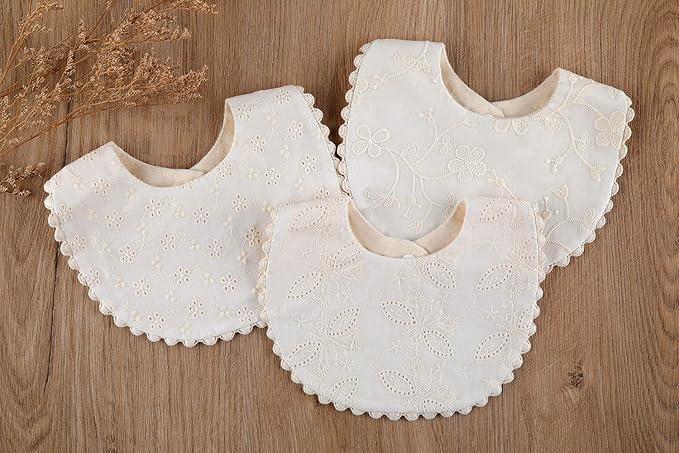 GZMM Baby Bib For Girls,Reversible Waterproof Handmade Natural Cotton Baby Drool Bib 0-12 months 2 Pack (off-white color A, 0-12 months)