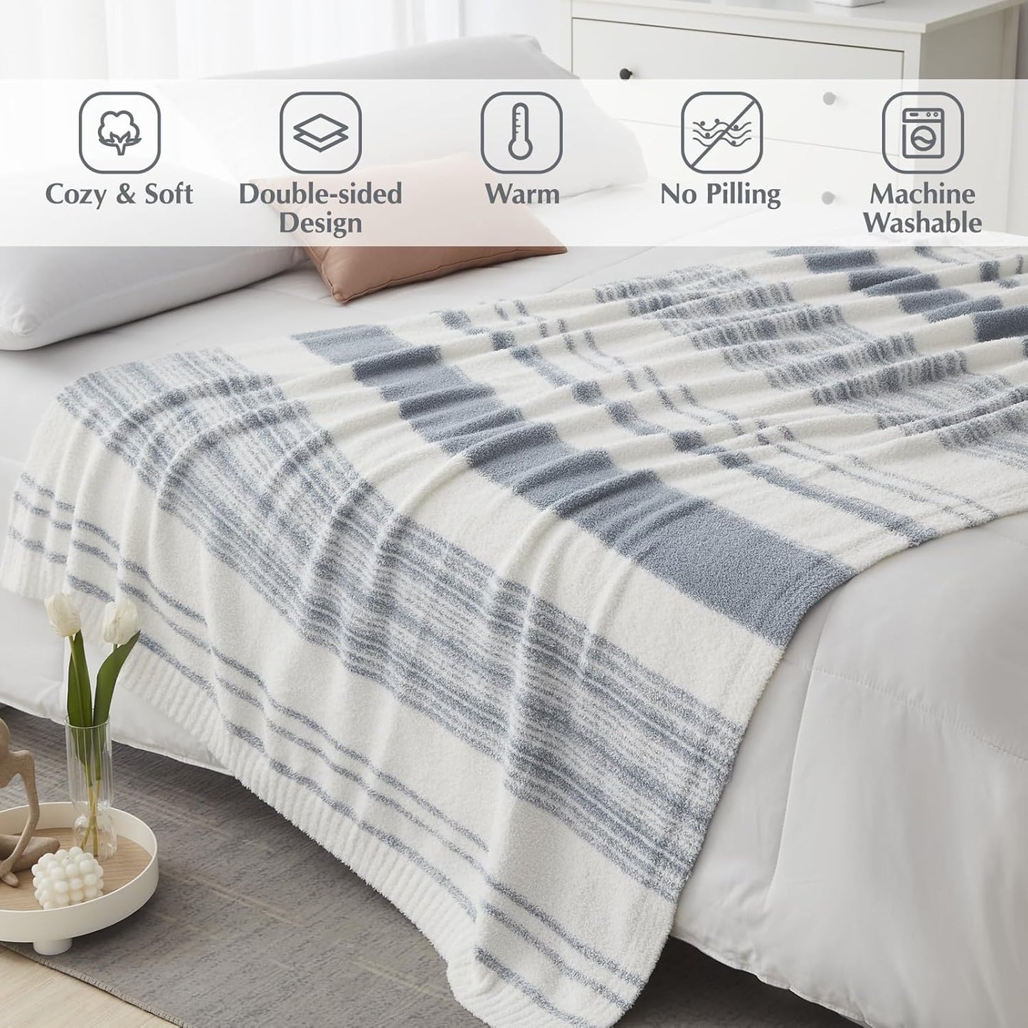 WRENGONGE Grey Blue Throw Blanket, 50x70 Soft Cozy Striped Throw Blankets for Couch, Sofa, Bed, Travel, Lightweight Fluffy Warm Plush Decorative Blankets for Women, Men,Kids Gift